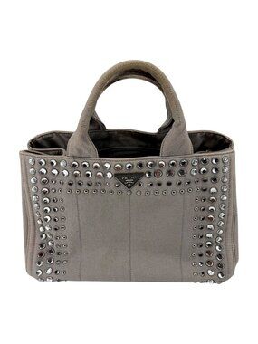 Prada Canapa Studded Crystal Canvas Tote Grey Convertible Shoulder Bag w/ Strap